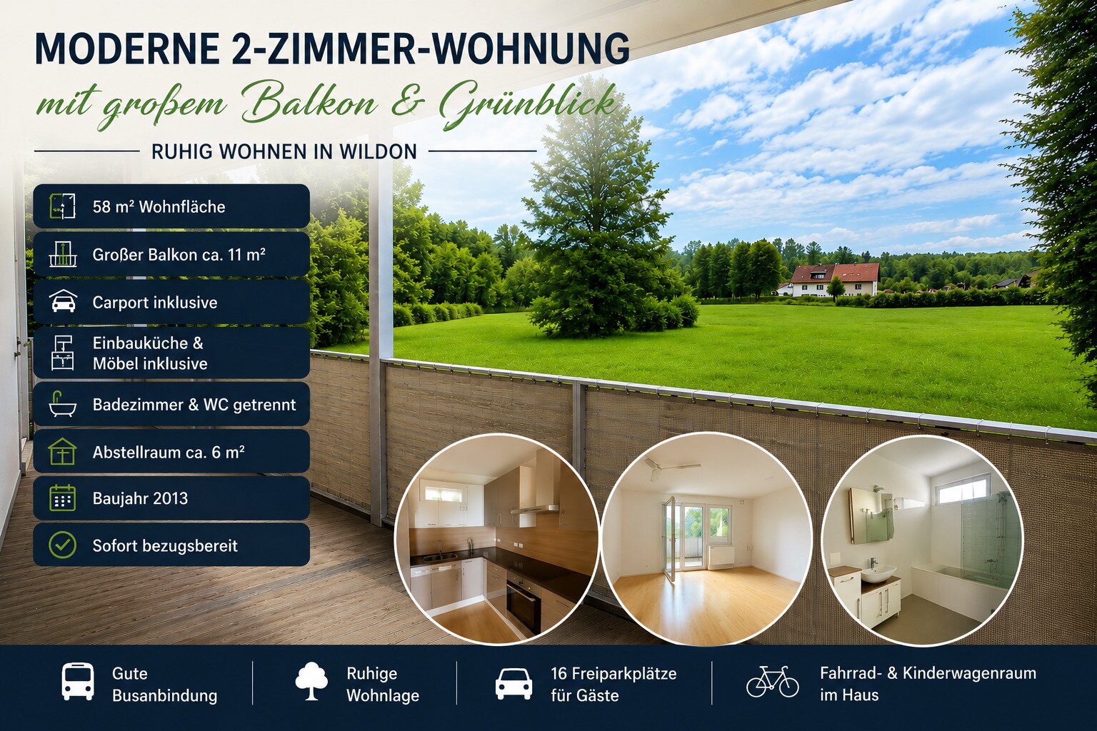 Moderne 2-Zimmer-Eigentumswohnung mit großem Balkon, Carport & Grünblick in Wildon – sofort bezugsbereit!