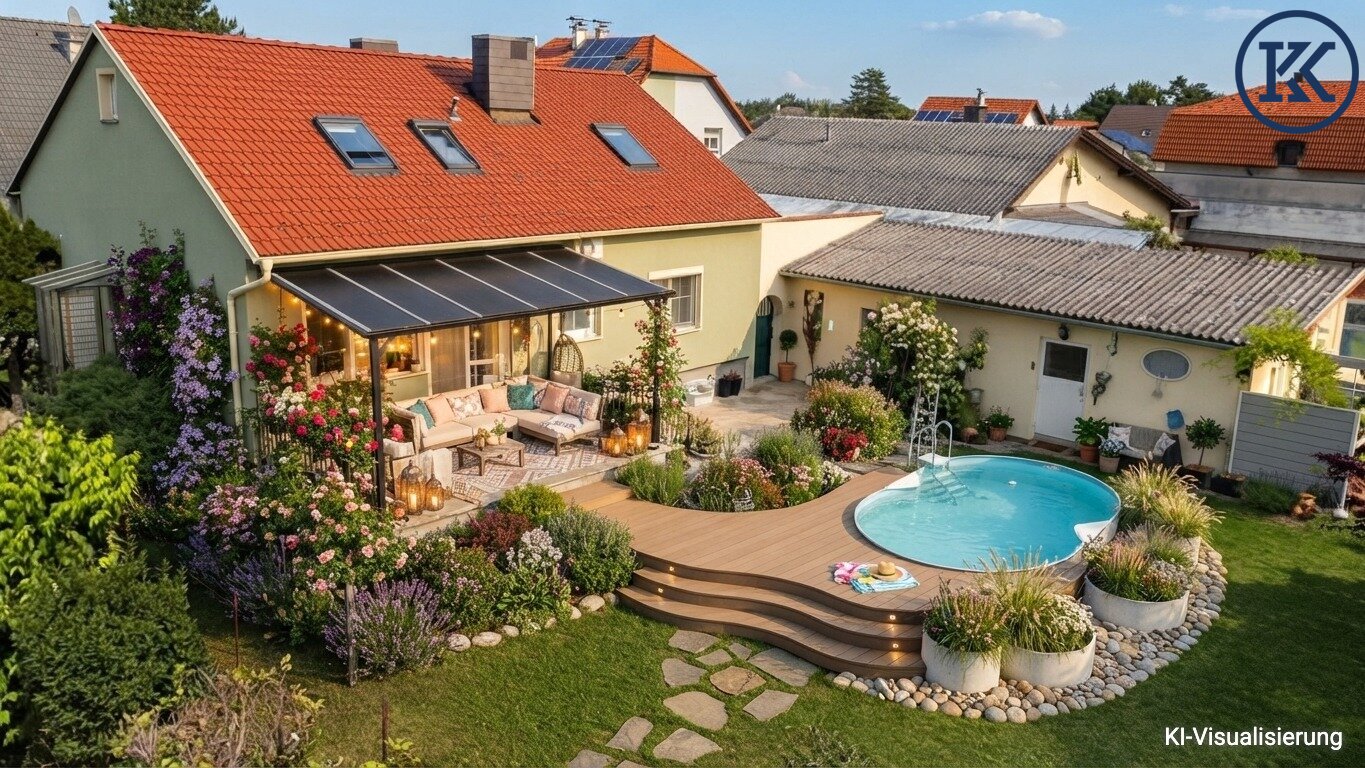 Einfamilienhaus mit großem Garten, sehr guter öffentlicher Anbindung und ausgezeichneter Infrastruktur in der Nähe des Badesees.