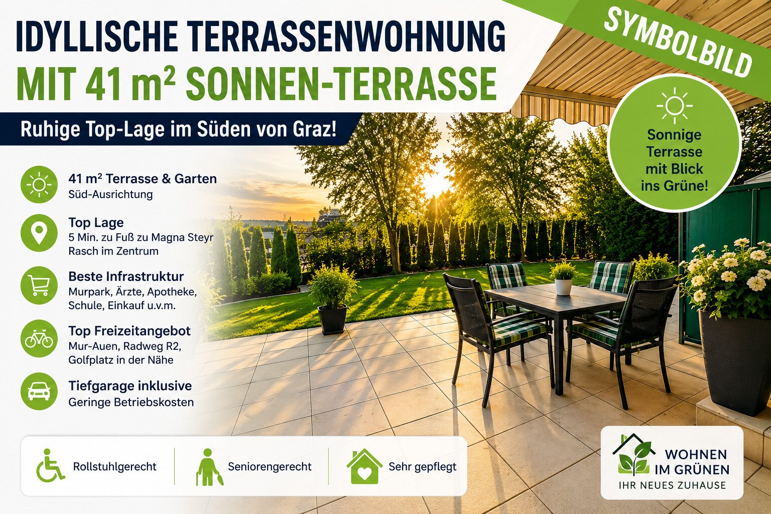 Traumhafte Gartenwohnung mit  Sonnen-Terrasse – Ruhige Top-Lage nahe Magna Steyr | Tiefgarage | TOP Preis